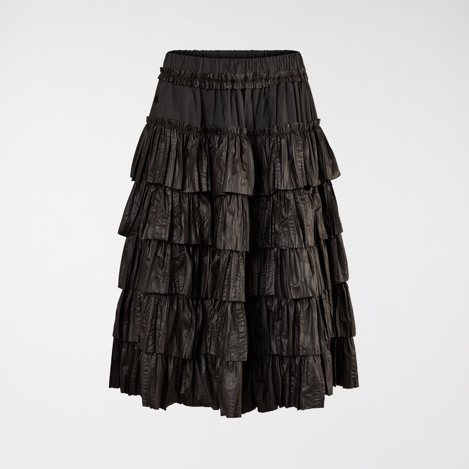 BLACK RUFFLED SKIRT IN FAUX LEATHER FABRIC